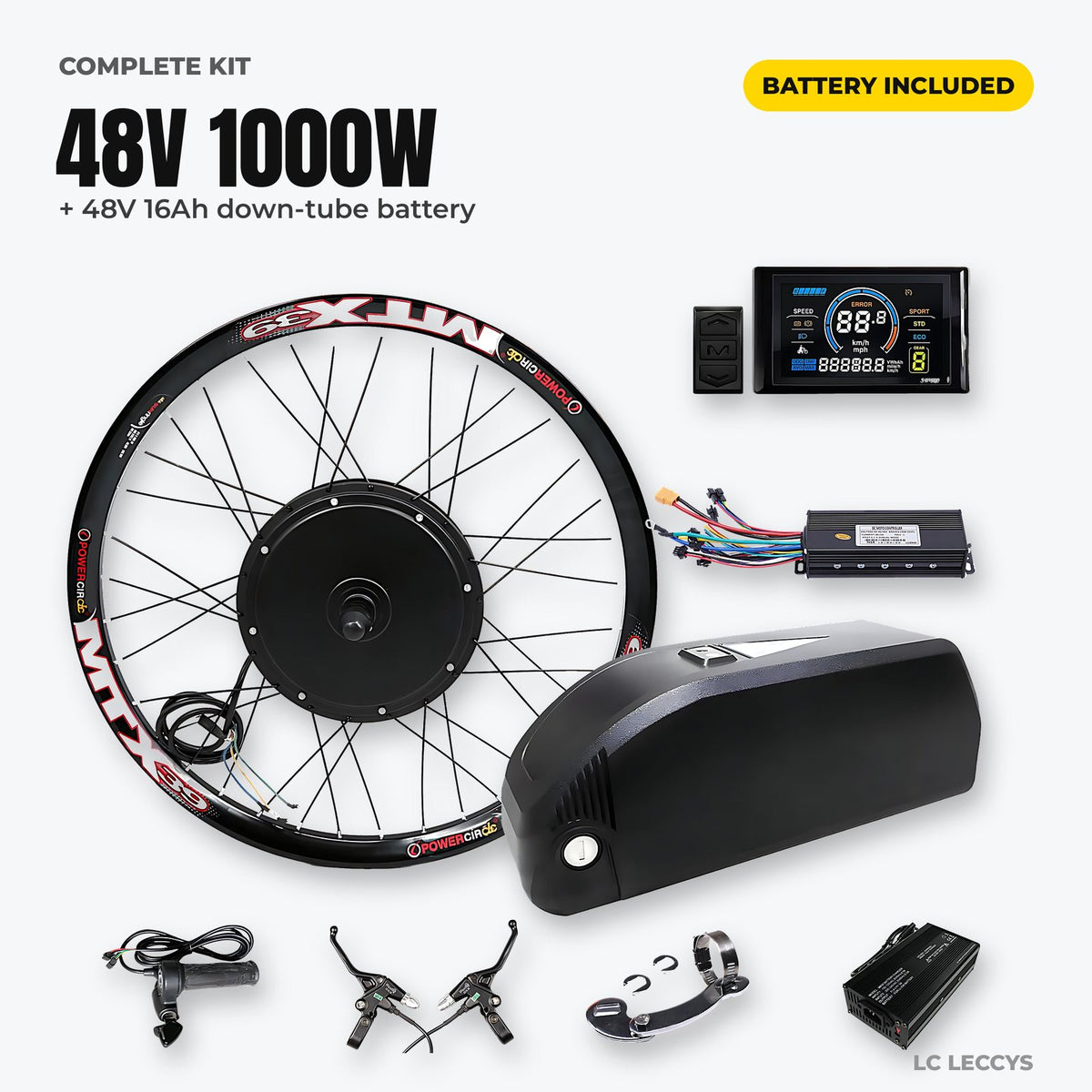 48V 1000W complete e-bike conversion kit with 48V 16Ah down-tube battery, controller, display, throttle, brakes and charger
