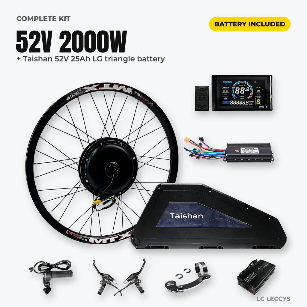 52V 2000W complete e-bike conversion kit with Taishan 52V 25Ah triangle battery, controller, display, throttle, brakes and charger