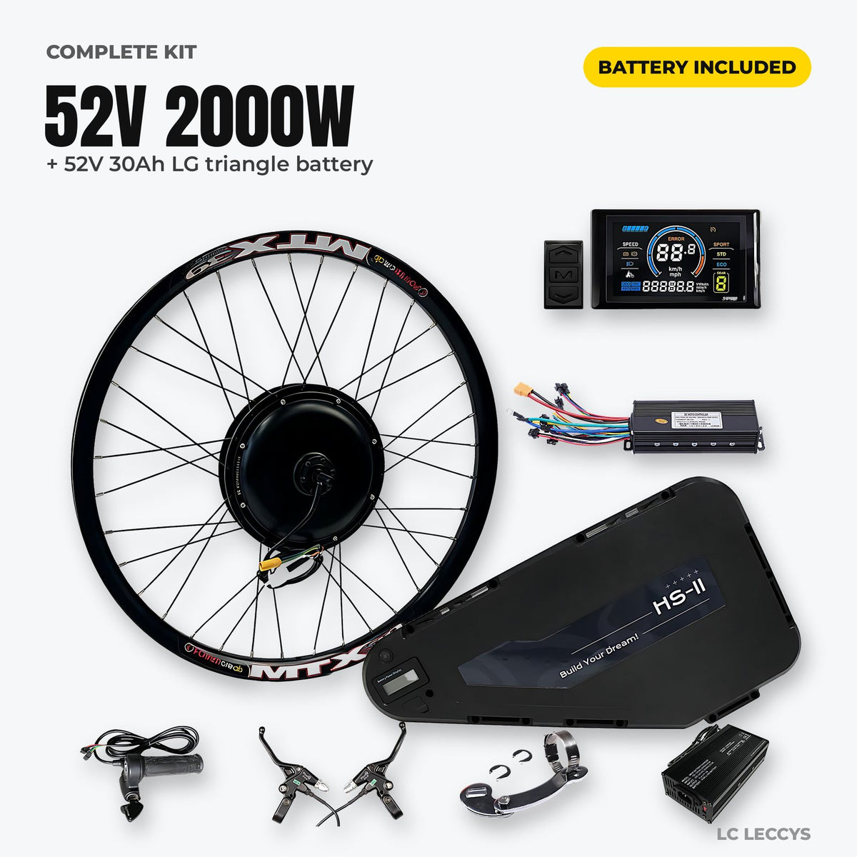 52V 2000W complete e-bike conversion kit with HS 52V 30Ah LG triangle battery, controller, display, throttle, brakes and charger