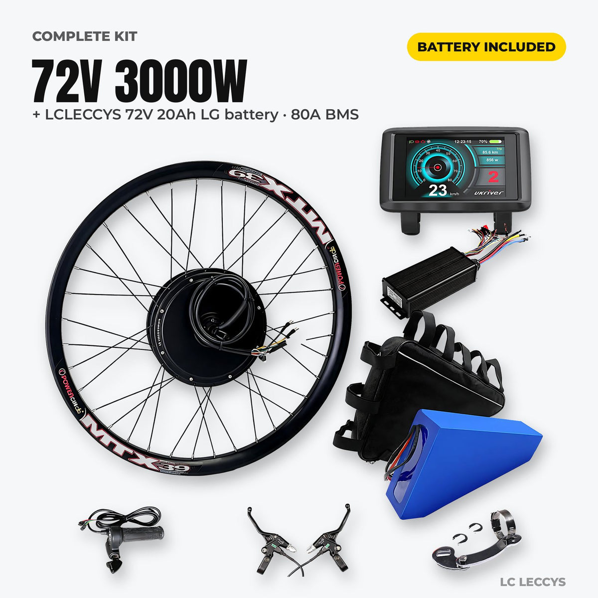 72V 3000W complete e-bike conversion kit with LCLECCYS 72V 20Ah LG battery and bag, controller, TFT display, throttle and brakes
