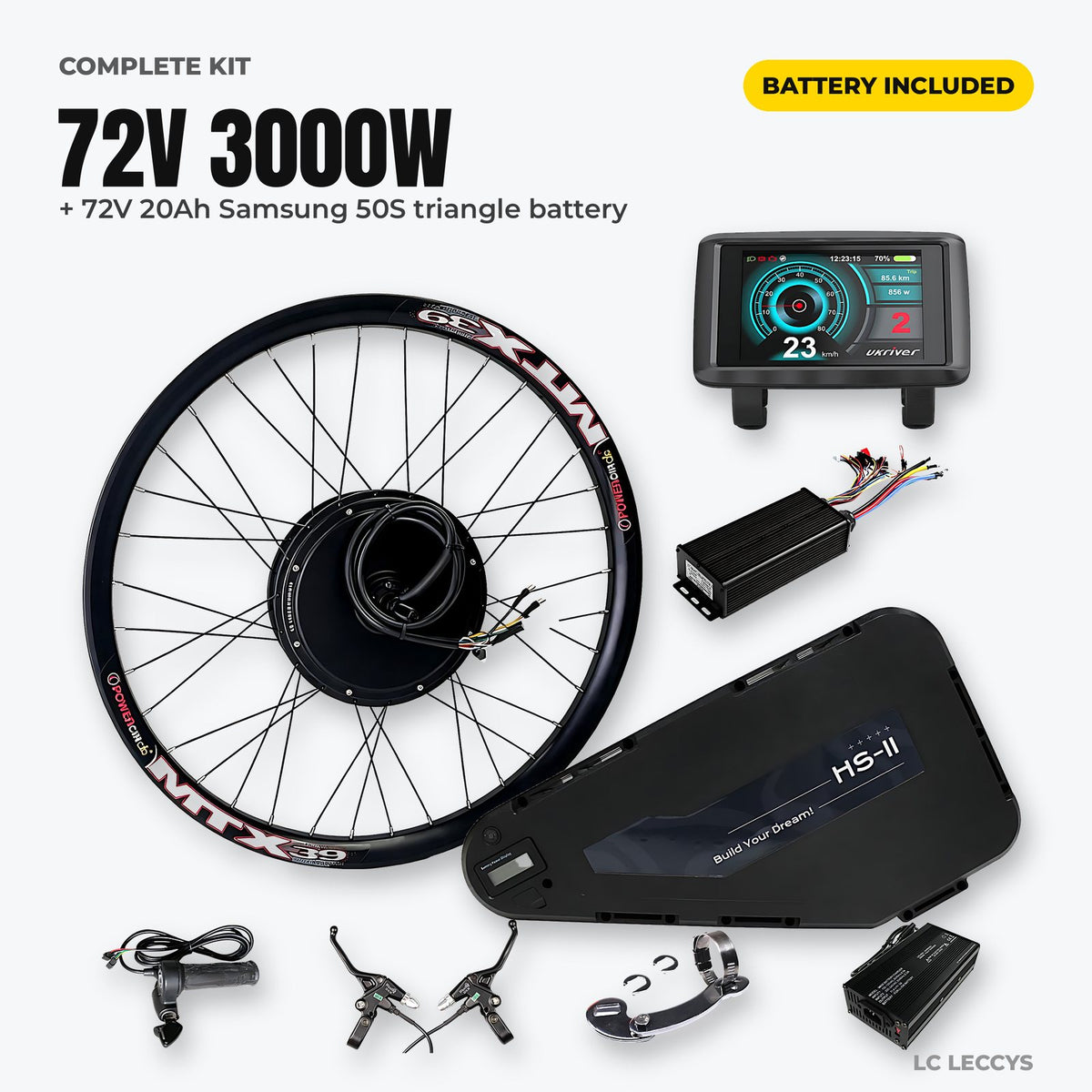 72V 3000W complete e-bike conversion kit with HS 72V 20Ah Samsung triangle battery, controller, TFT display, throttle, brakes and charger