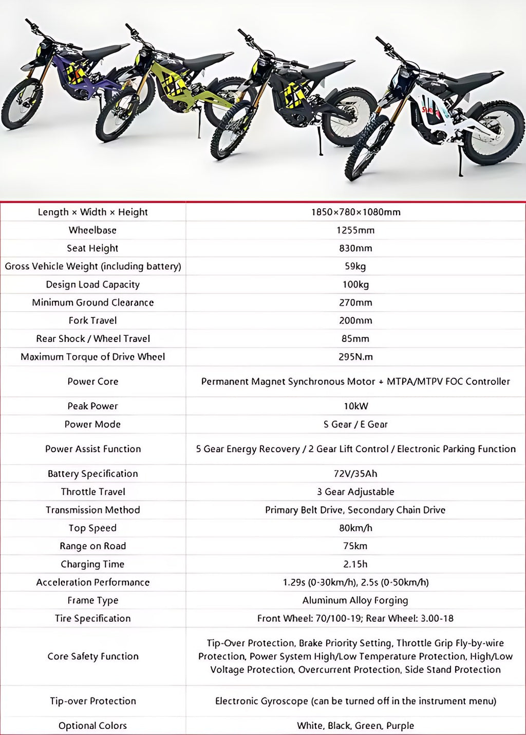 Sur-Ron Light Bee X 10kW 72V 35Ah specification sheet
