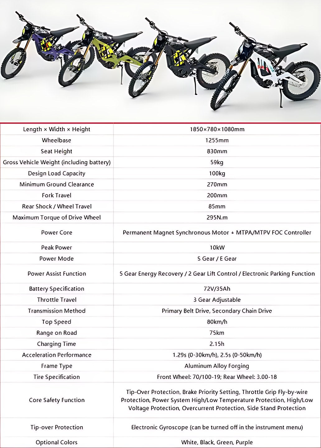Sur-Ron Light Bee X 10kW 72V 35Ah specification sheet